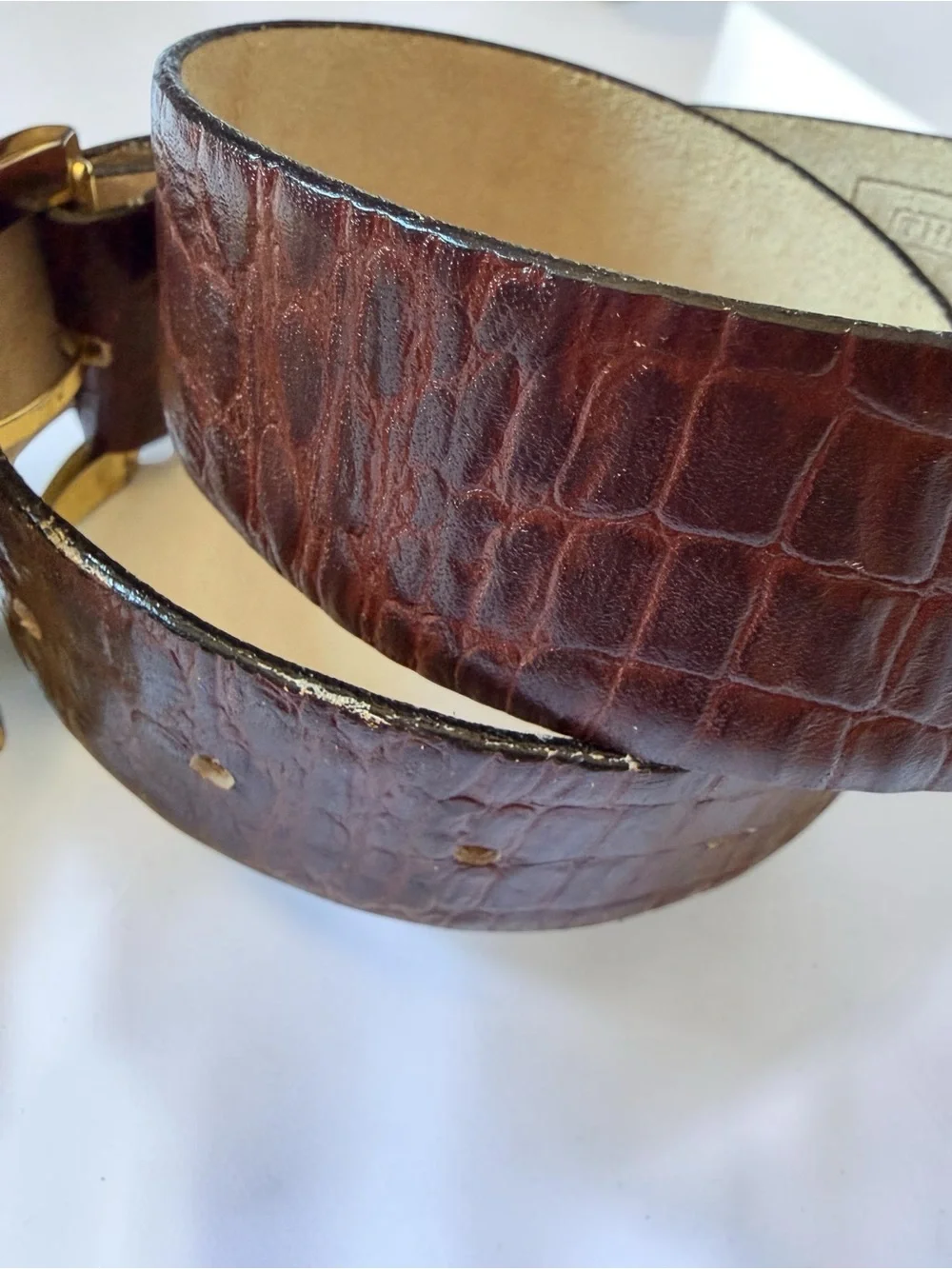 The Ritz Collection Croc-Embossed Leather Brown Belt Art Deco Gold Buckle XS
